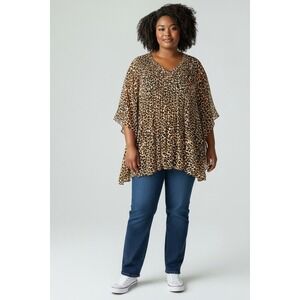 Boho Catherines Leopard Print Pleated Chiffon Tunic, 5X, Brown/Tan